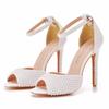 11cm Fish Mouth High-heeled Sandals Shallow Mouth Straight Line with High Heels White Pearl Wedding Sandals Size 44