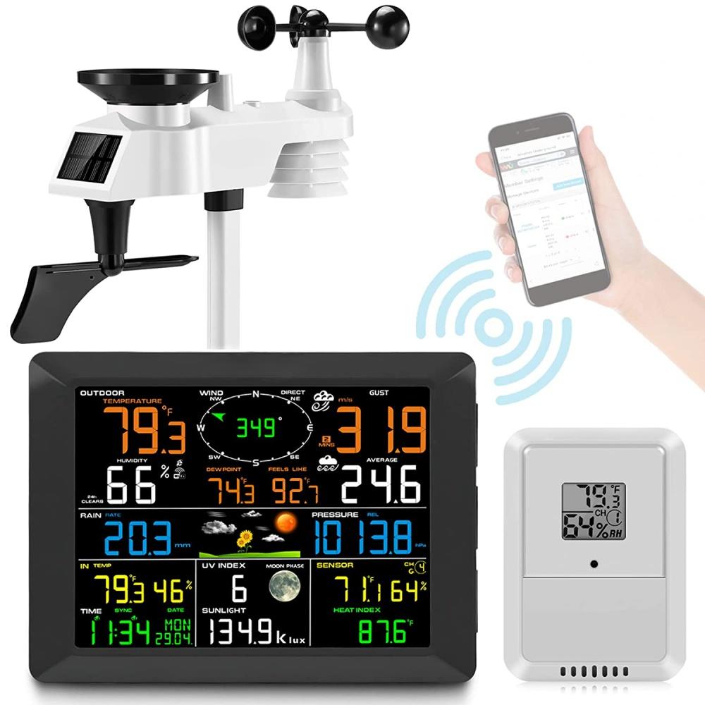 Professional Internet WiFi Weather Station with Outdoor Sensor Remote Monitoring System, 10.2 Inch Color Display with Rain Gauge, Temperature and UV