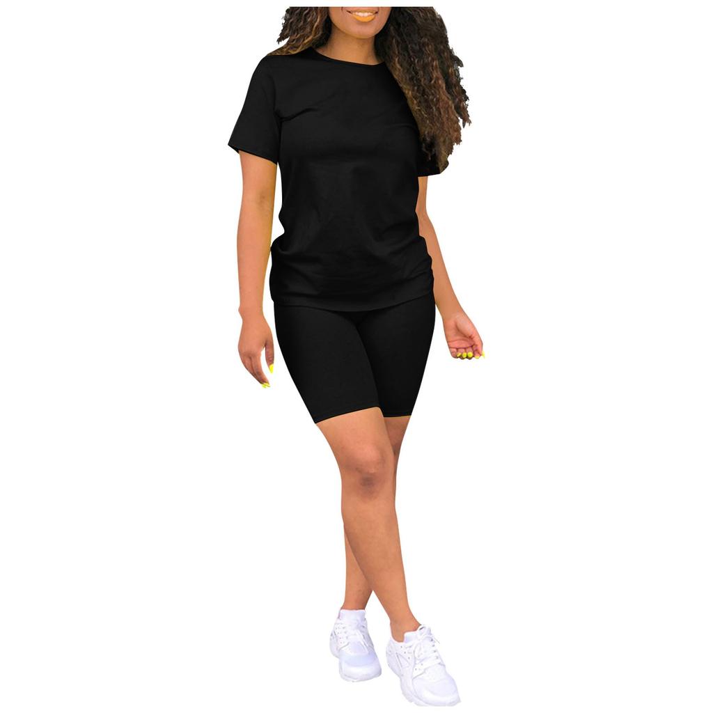 Женский повседневный спортивный однотонный костюм из 2 предметов, комплект из топа и брюк с короткими рукавами