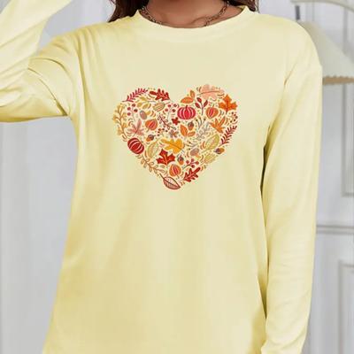 Топы для женщин Цветочная любовь Сращивание Принт Круглый вырез Длинный рукав Футболка Осенний повседневный тонкий пуловер Женский длинный рукав Топ