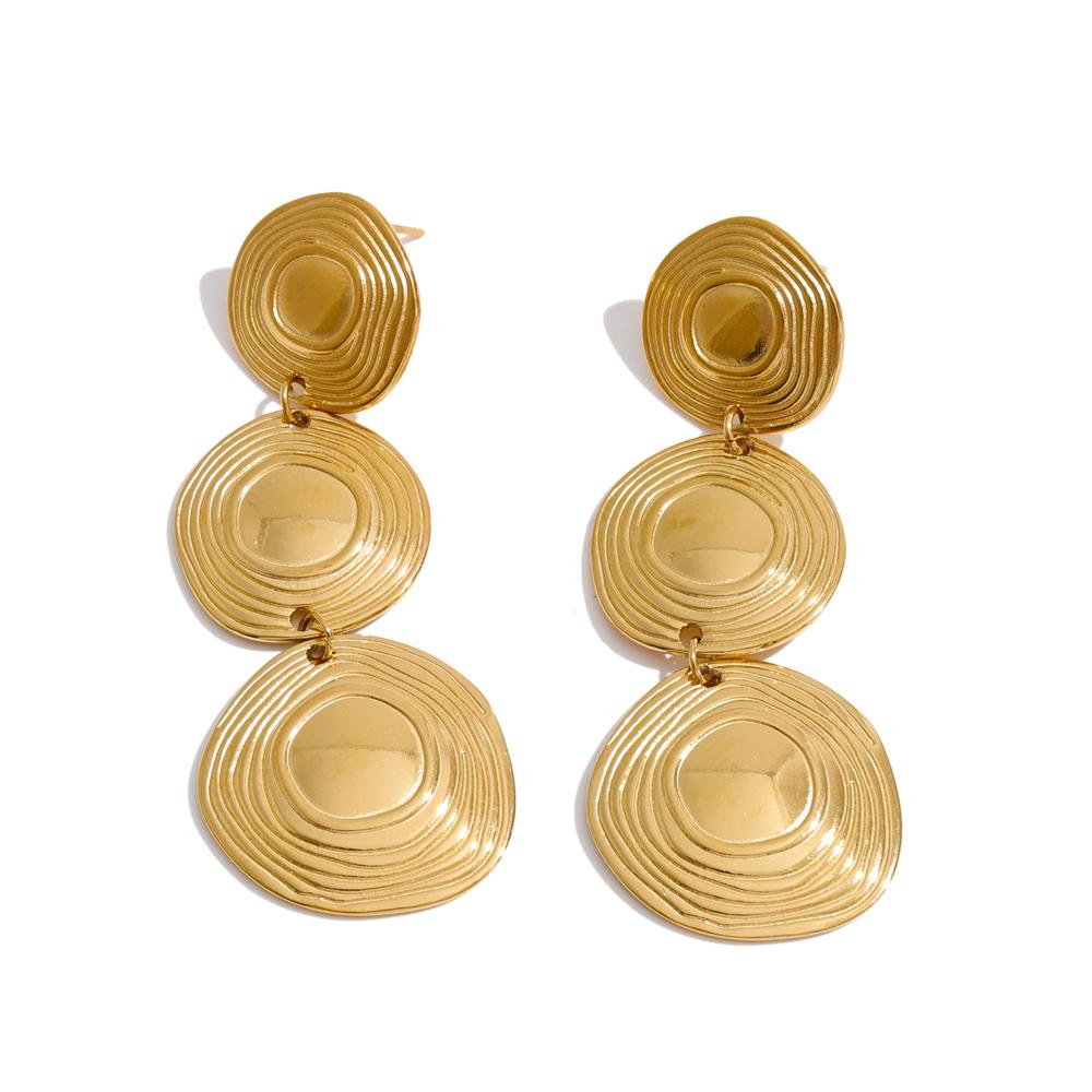 Yhpup Stainless Steel Stripe Round Drop Earrings Waterproof Metal PVD Plated Versatile Daily Gold Color Jewelry Accessories