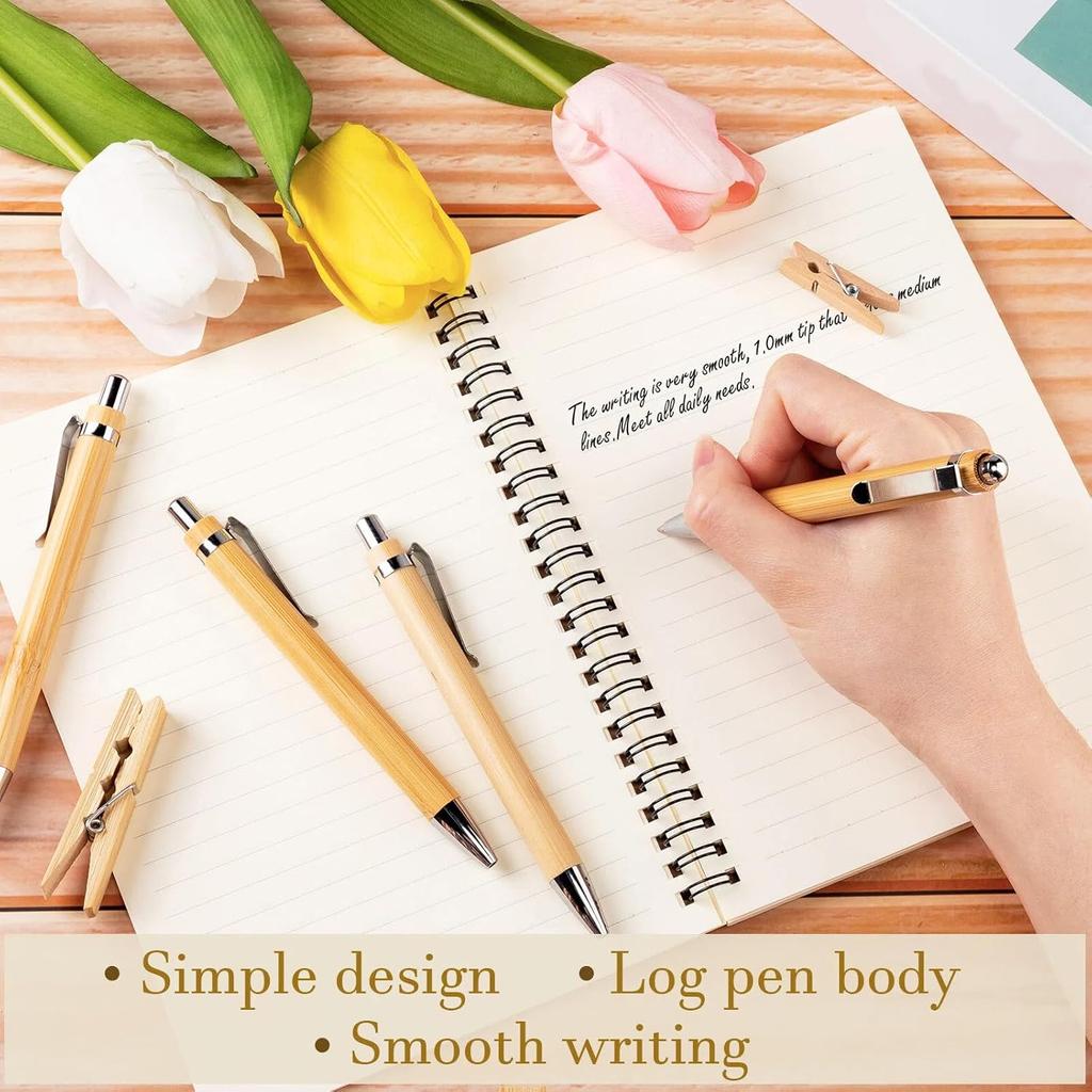 Leelosp 60 Pcs Bamboo Pen Retractable Ballpoint Pen Black Ink 1 mm Sustainable for Writing Office Products Wooden Bamboo Ballpoint for Journal
