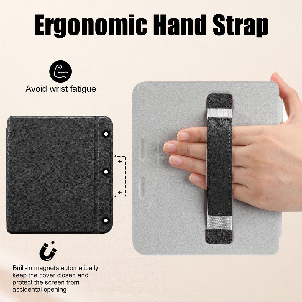 Case for 7" Kobo Libra Colour, Built-in Hand Strap, Slim Lightweight PU Leather Hard Back Shell Cover