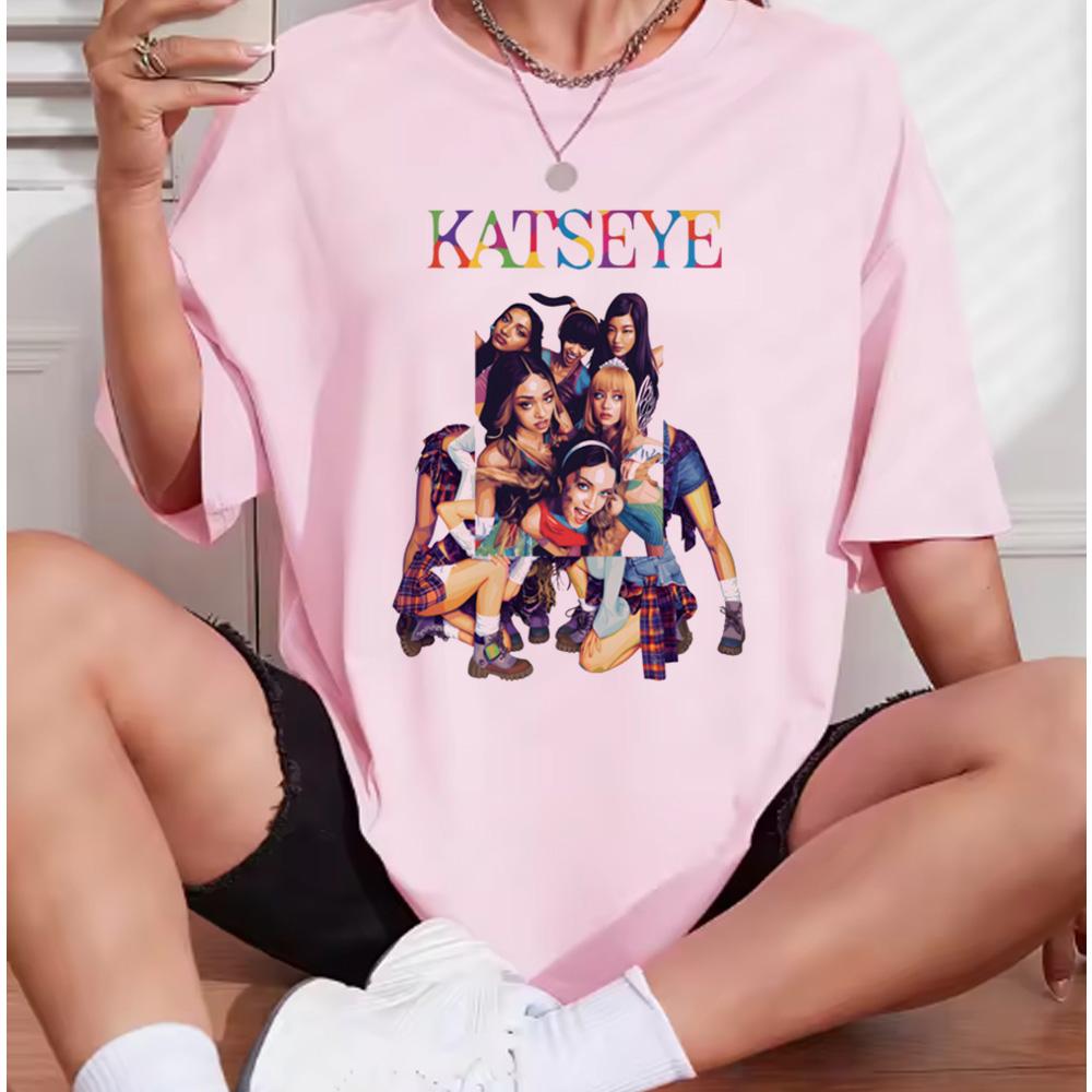 Katseye Прекрасный Хаос Розово-серые Футболки Kpop Футболка Женская и Унисекс Оверсайз Футболка Графическая Футболка с Коротким Рукавом Унисекс Топы