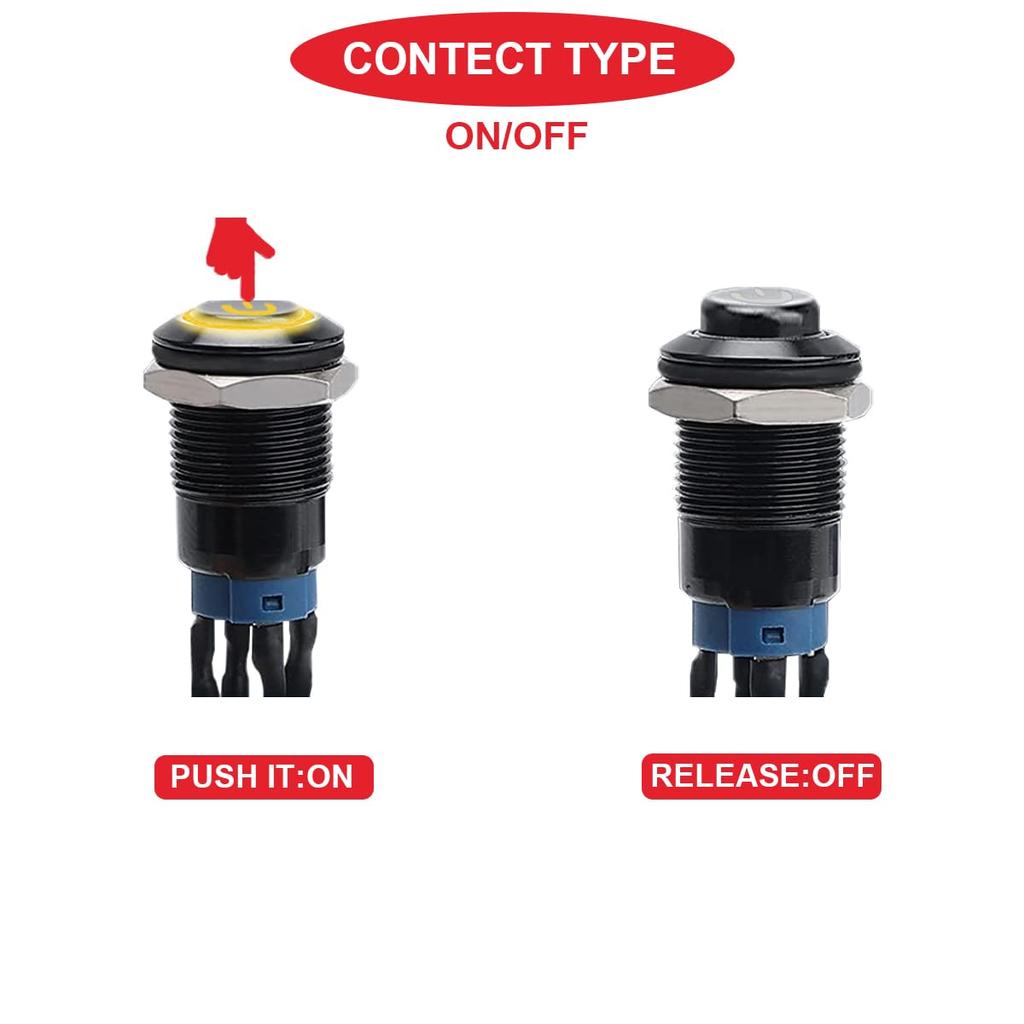 MKBKLLJY 5 шт. 12 мм кнопочный переключатель со светодиодом SPST, 2 положения, вкл./выкл., предварительно смонтированный для автомобиля (Красный/Желтый/Синий/Зеленый/Белый)