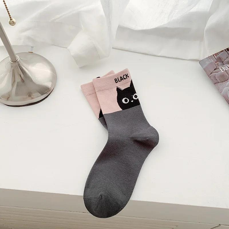 Cartoon Cat Printed Kawaii Socks Women College Style School Girls Cute Socks Casual Harajuku Retro Streetwear Middle Tube Socks