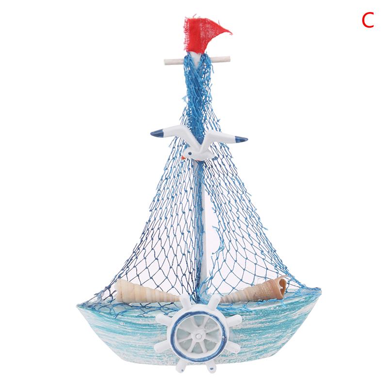 1PCS Mediterranean Style Marine Nautical Wooden Blue Sailing Boat Ship Wood Crafts Ornaments Party Home Decoration