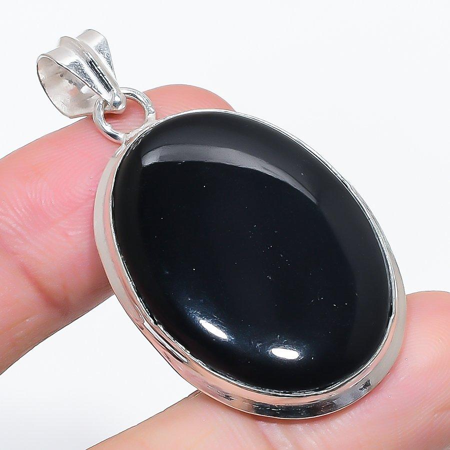 Natural Black Onyx Gemstone 925 Sterling Silver Jewelry Pendant 2.01" B9e57