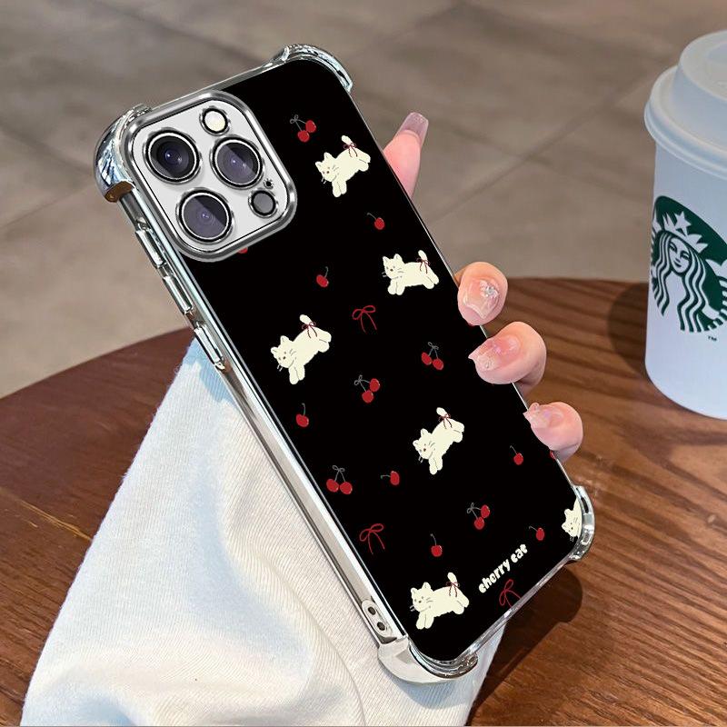 Чехол для мобильного телефона iPhone 12 17promax черный, с рисунком вишни, кошки, яблока, с подушкой безопасности, противоударный, 16, не желтеющий, защитный чехол