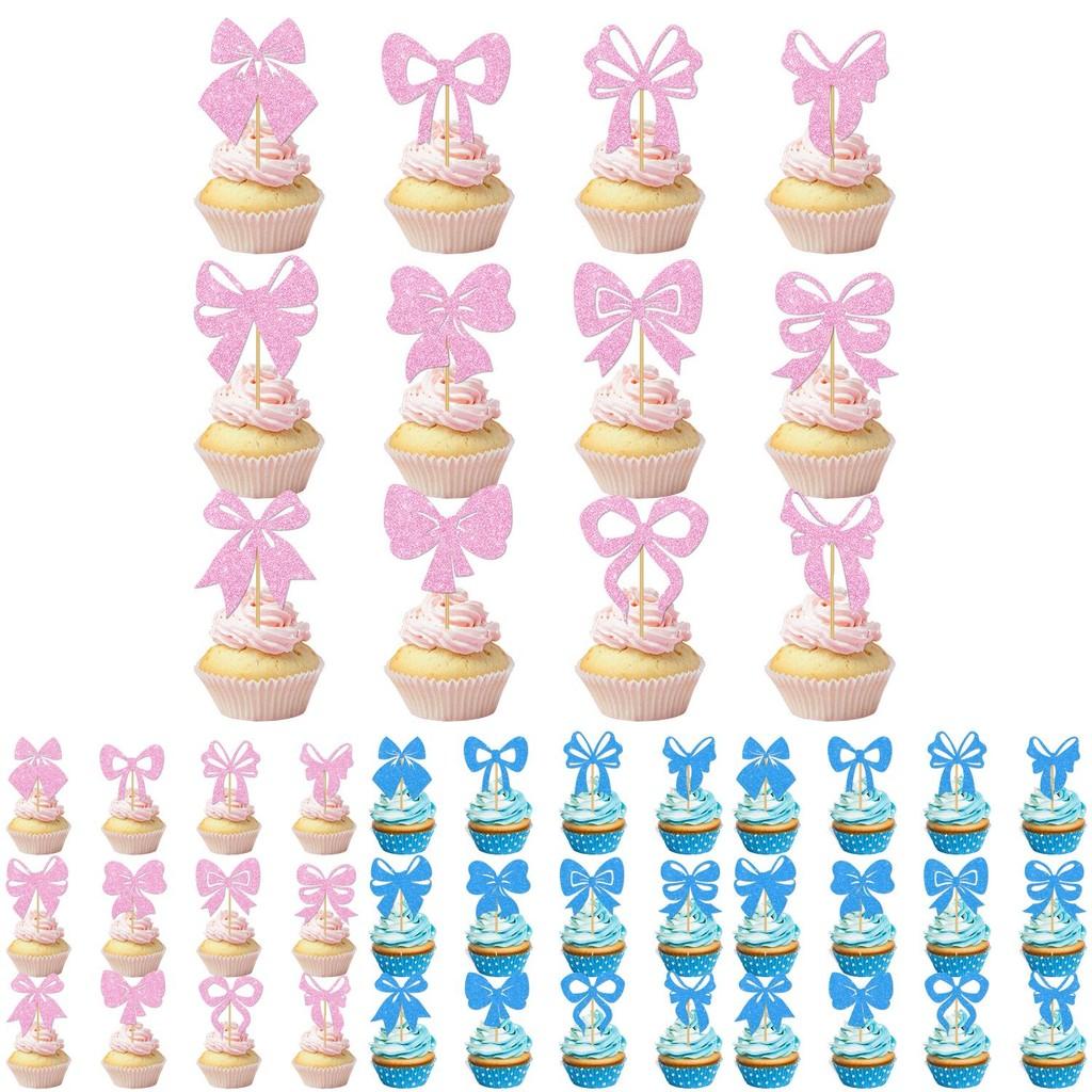 Birthday Party Cake Decoration With Gold Glitter Paper Bows And Flags For Festive Celebration