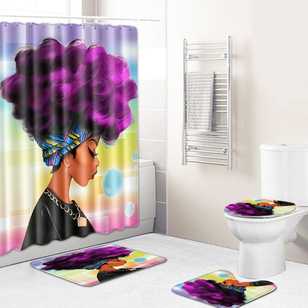 Shower Curtain Floor Mat Set African Woman E-Commerce Bathroom Carpet