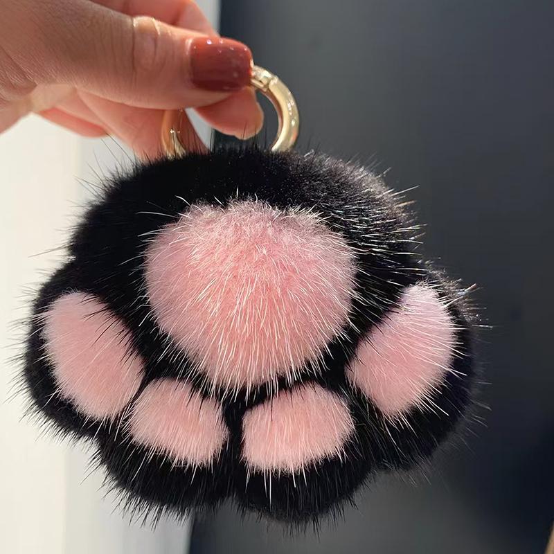 Розовый черный пушистый кошачий помпон для волос брелок для женщин и девочек милый кулон в виде лапы сумка декор