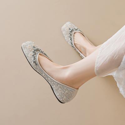 Туфли-лодочки с квадратным носком, женские, с неглубоким вырезом, со стразами, свадебные, на плоской подошве, фея с юбкой, женская обувь, мягкая подошва