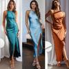 2023 Cross-Border Women's Solid Color Satin Halter Backless Slit Midi Evening Dress