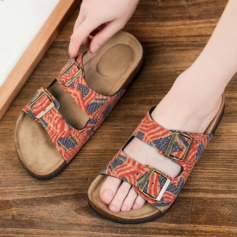 Модные летние балетки с принтом Женские уличные пляжные сандалии Уличные универсальные повседневные тапочки Большого размера Женские сандалии Двойная пряжка Пробка