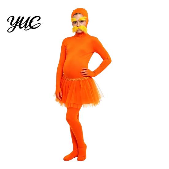 Full Coverage Suits Orange Bodysuit, with Tulle Skirt, Fake Belly, Yellow Mustache & Eyebrows, Halloween Party Jumpsuits Open Face Zentai Suit,
