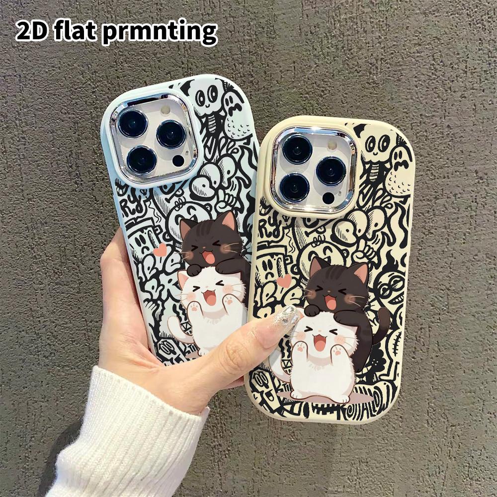 Phone case: 2D flat design suitable for iPhone 18 17 16 15 14 13 Pro protective case, couple style, two little cats, Christmas and Halloween gift