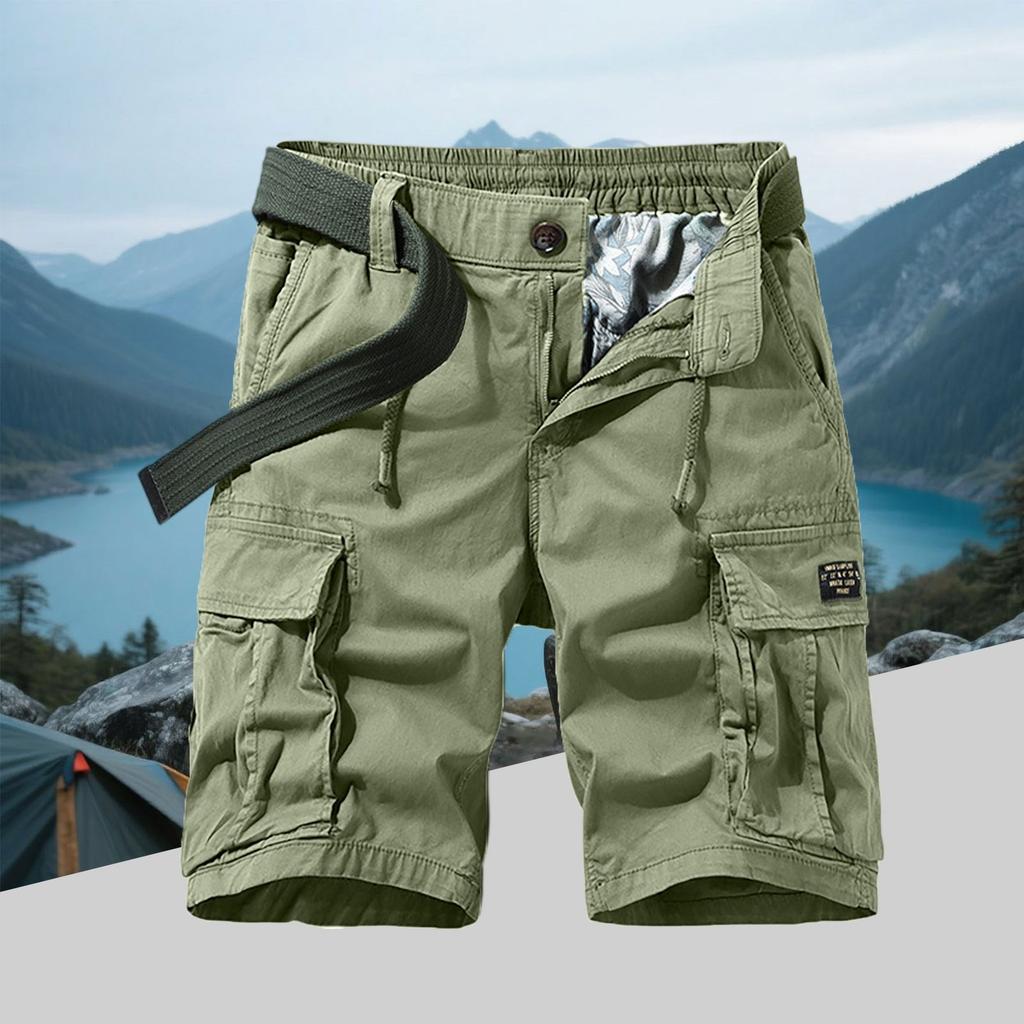 Men's Vintage Cotton Cargo Shorts - Multi-Pocket Zippered Elastic Waistband Pre-Washed Military
