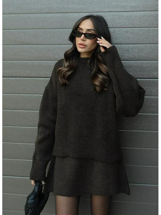 Осенний однотонный повседневный вязаный костюм-юбка в студенческом стиле для женщин 2024
