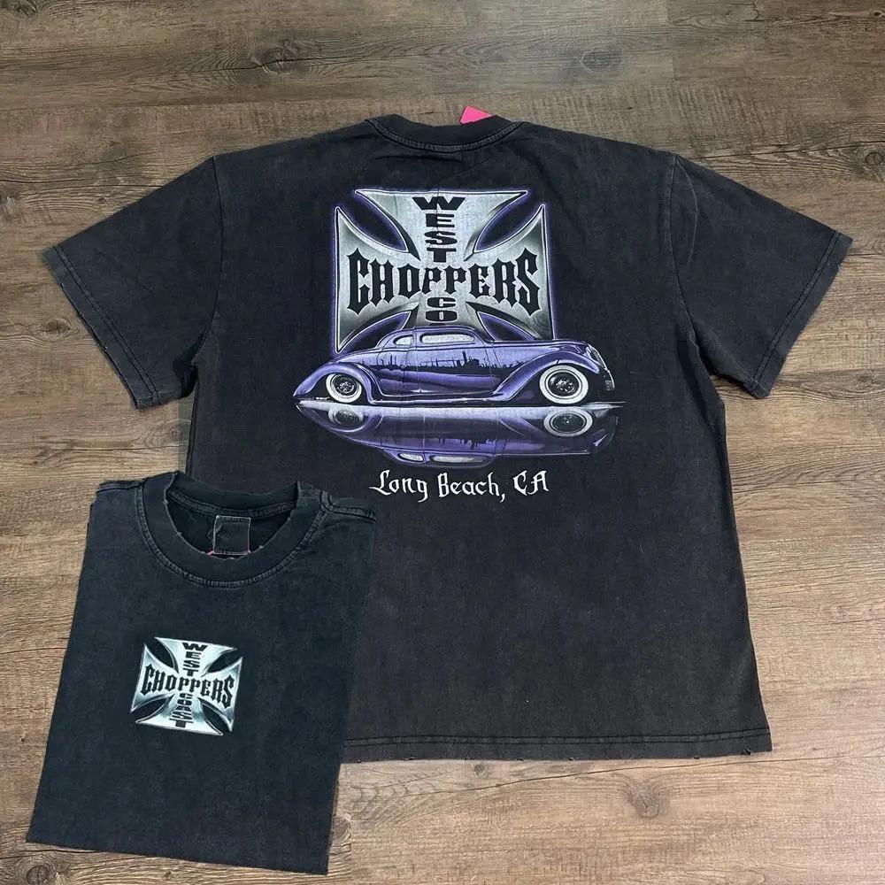 Стирка Винтажной Футболки Принт West Streetwear Мужские Оверсайз Y2k Графический Принт Повседневные Мужские Топы с Коротким Рукавом Ретро Оверсайз Женская Мужская Одежда