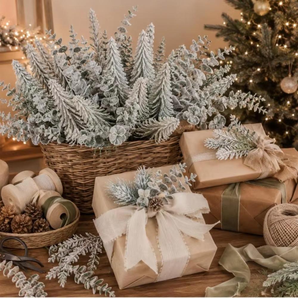 20/1PCS Artificial Flocked Snow Pine Branches Fake Eucalyptus Leaves DIY Fake Plants for Wedding Centerpieces Christmas Decor