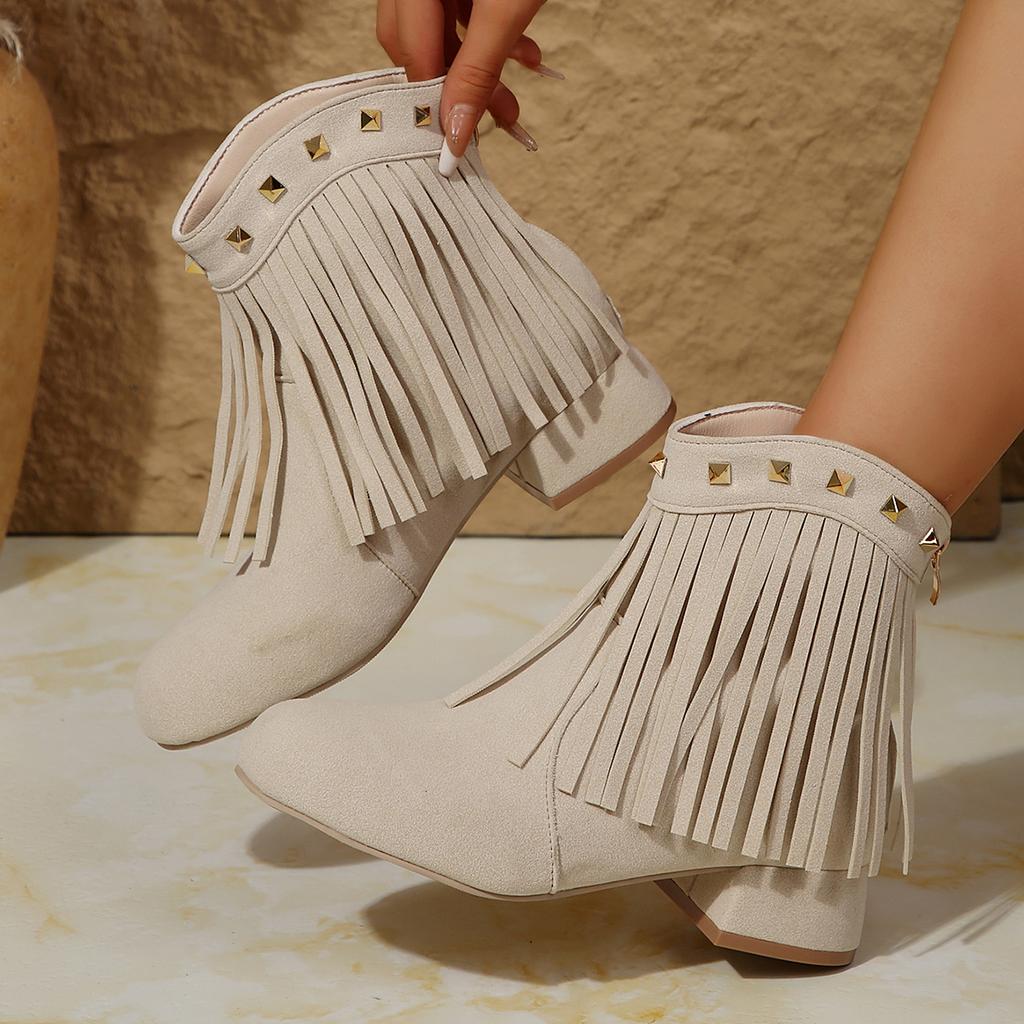 Модные женские ботильоны осень-зима с кисточками и заклепками, женские ботинки с круглым носком, на молнии, модная обувь для отдыха на природе, женские ботинки Botas De Mujer