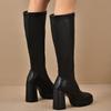 Black Winter Women Boots Fashion Platform Thick Heel Knee High Zipper Autumn Long Shoes Square Heel Rubber Chelsea
