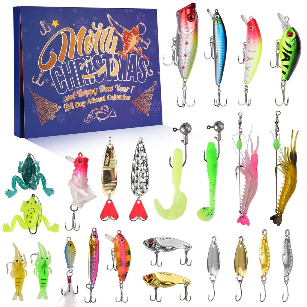 Рыболовный Адвент-календарь 2025 24 Дня Рождественский Отсчет Рыболовные Приманки Набор Снастей для Рыбаков 2025 Рождественские Подарочные Календари-Сюрпризы