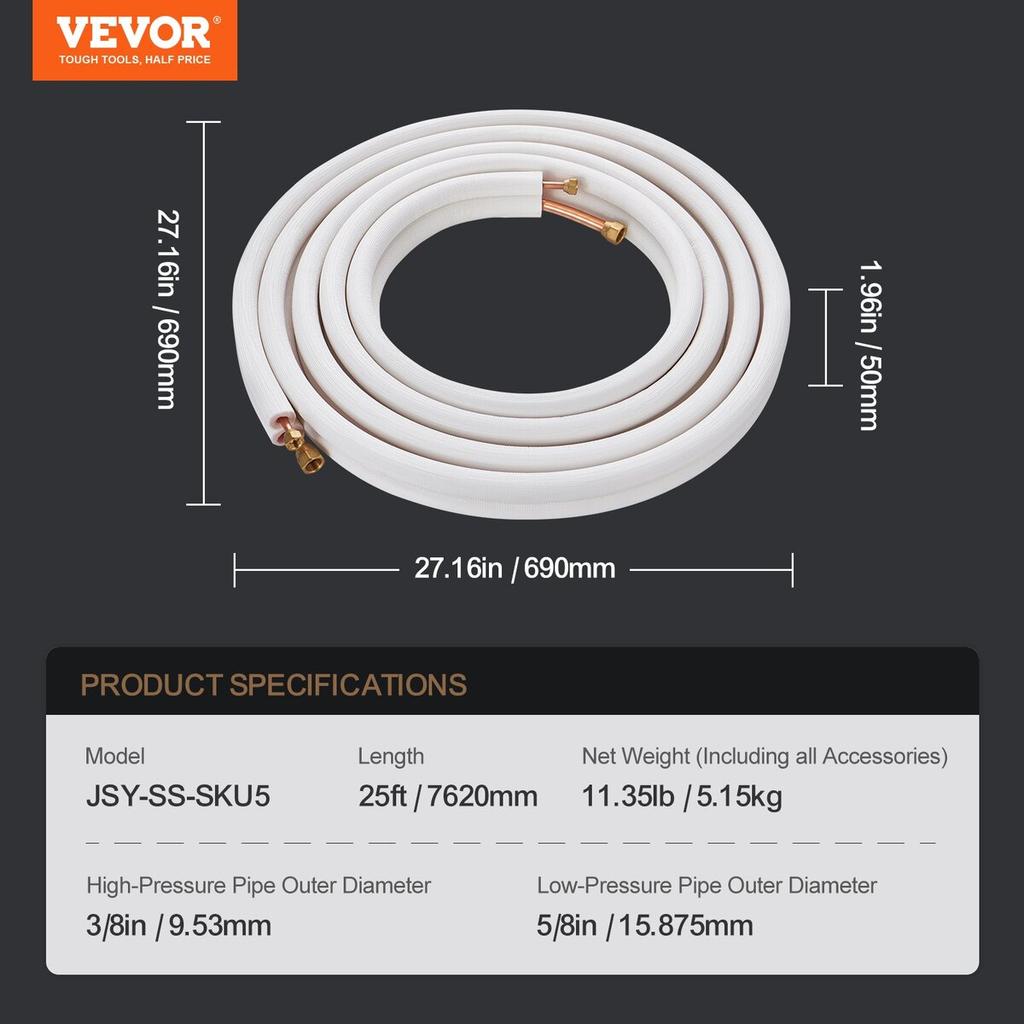 7620mm Mini Split Line Set, 9.5 & 15.9mm O.D Copper Pipes Tubing and Triple-Layer Insulation, for Mini Split Air Conditioning Refrigerant or Heating