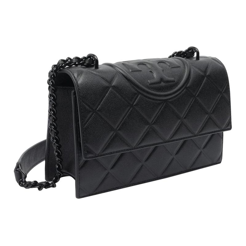 TORY BURCH Tang Libaiqi Fleming chain shoulder strap embossed logo leather shoulder bag small women's black 167773-001