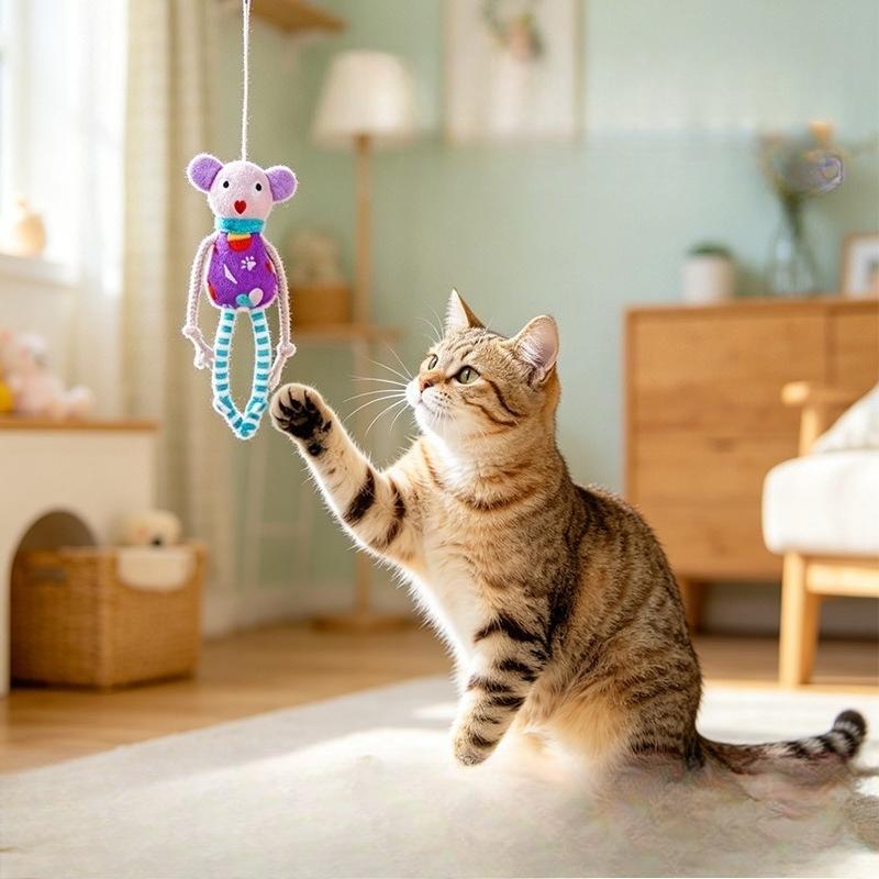 Elastic Rope Hanging Cat Toy Cute Mouse Doll Stretch Bounce Self Play Interactive Teaser for Indoor Cats Boredom Relief