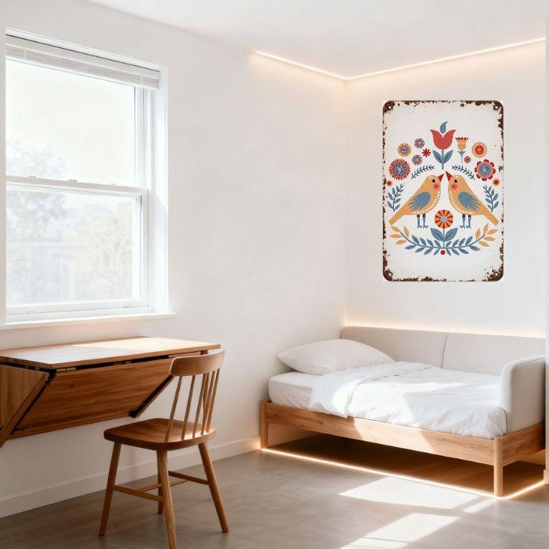 Винтажная деревенская металлическая жестяная табличка Дизайн с народным искусством Птицы Цветы Белый фон с ржавыми краями для декора стены дома, бара, кафе