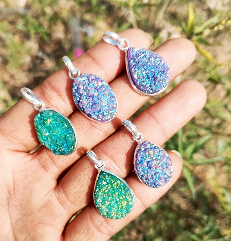 Titanium Druzy Gemstone 925 Sterling Silver Plated 10 Pcs Bezel Pendant BEZ-81