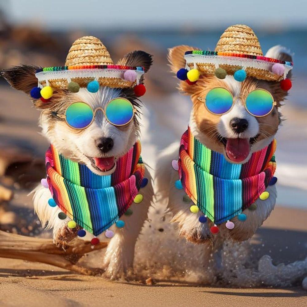 Adjustable Pet Hat Scarf Multicolor Mexican Style Striped Pet Triangle Scarf with Glasses Dog Bandanas
