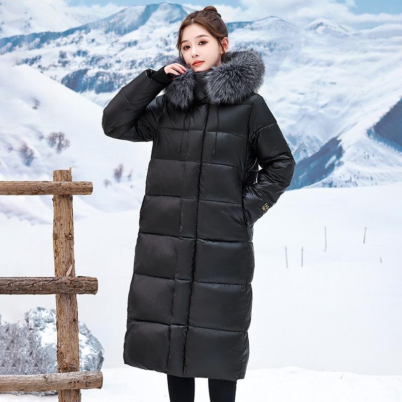 Commuting temperament glossy long cotton-padded clothes women's big fur collar hooded cotton-padded jacket, over the knee long horizontal grid pressin
