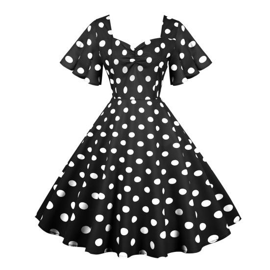 Women Evening Dress Retro Color Matching Dot Print A-line V Neck Big Swing Short Ruffle Sleeves Tight High Waist Back Zipper Party Prom Midi Dress