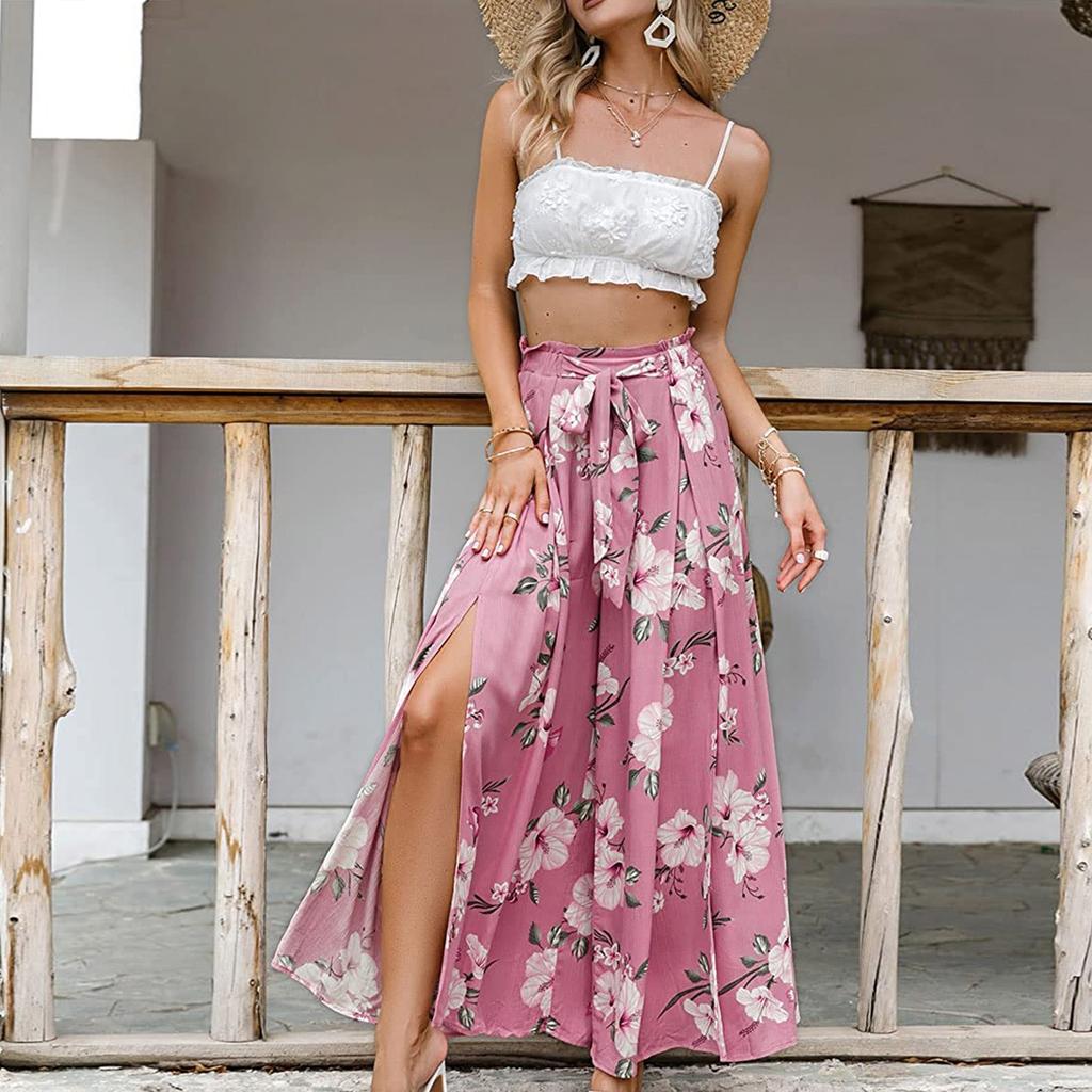 Женские брюки с принтом, эластичный пояс, широкие брюки с высокой талией, длинные брюки-кюлоты