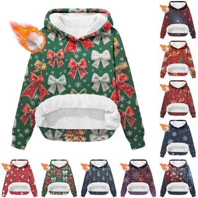 Женская модная повседневная толстовка с длинными рукавами, рождественским принтом, на флисовой подкладке, теплая, с капюшоном