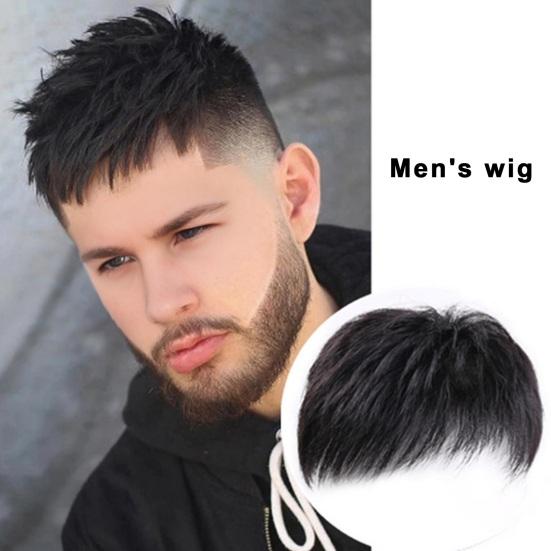 Men Short Straight Hairpiece with Bangs Bald Spots Gray Hair Coverage Natural High Temperature Fiber Male Black Synthetic Hair Wig
