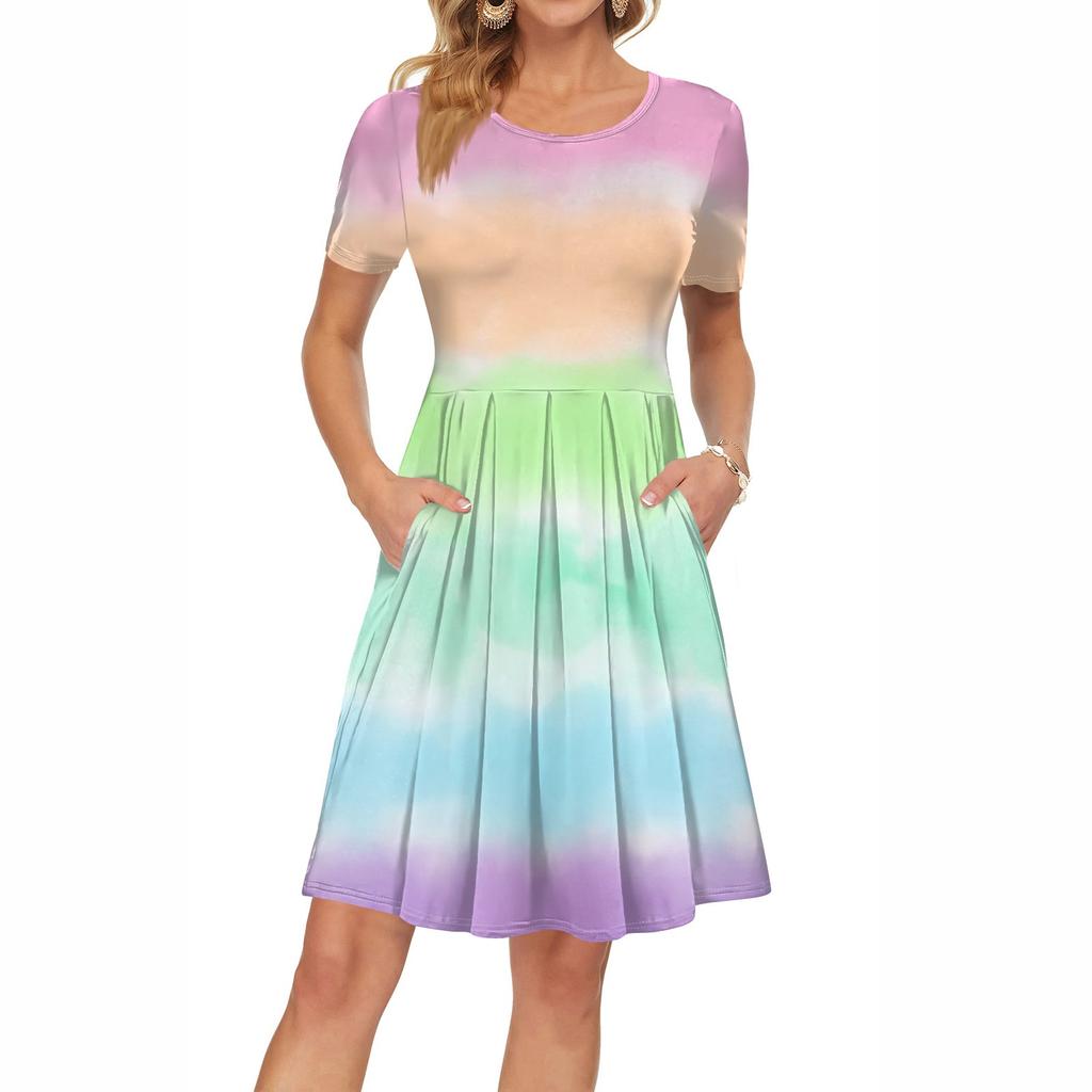 Женское платье с коротким рукавом, плиссированное, свободное, повседневное платье с карманами, платья длиной до колена