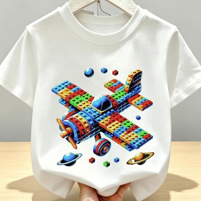 Kids Summer Crew Neck Short Sleeve T-Shirt with Colorful Building Block Airplane Print
