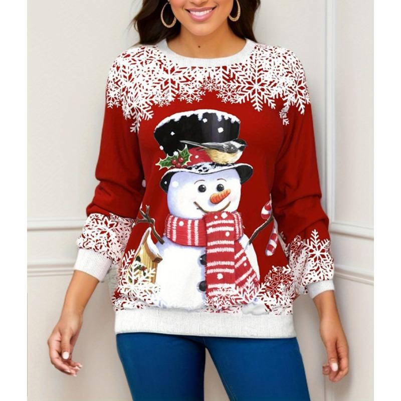 Women's Blouse Round Neck Christmas Print Loose Long Sleeve Top