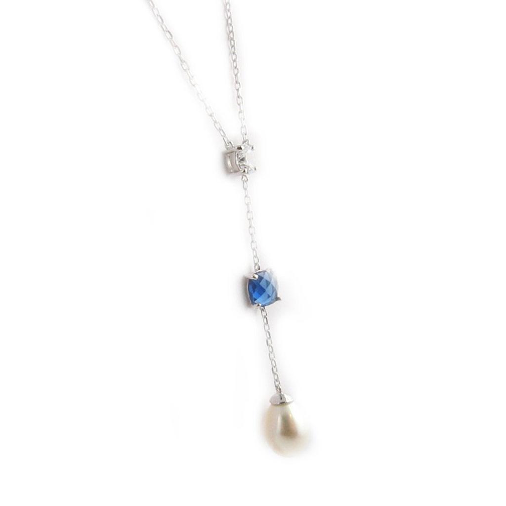 Les Trésors De Lily [L3911] - Silver Necklace 'Sissi' Ivory Sapphire (rhodium-plated) - 55x8 Mm