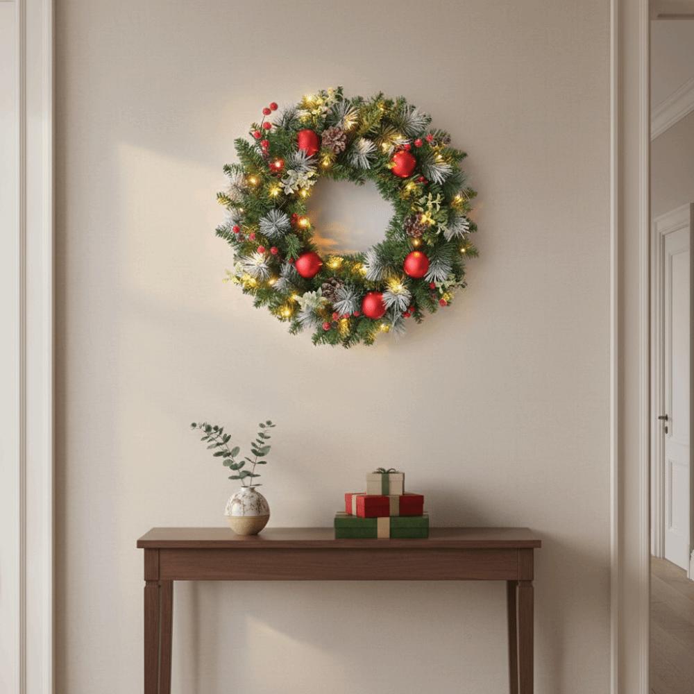 With LED Light Door Hanging Garland Simulated Pine Branches Front Door Wall Decorations New Year