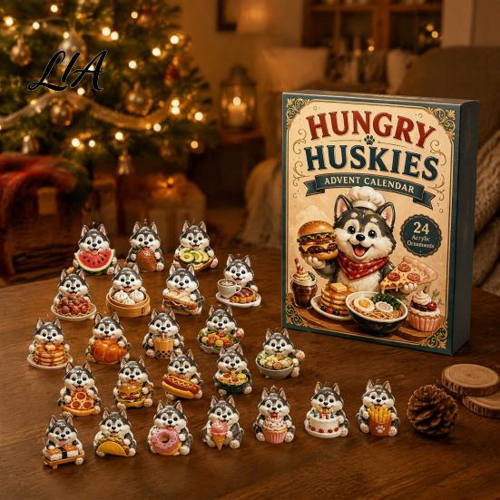 Christmas Countdown Calendar Husky Advent with 24 Foodie Acrylic Ornaments, 2D Flat Dog Lover Gifts Tree Decoration, Cute Themed Box for Home