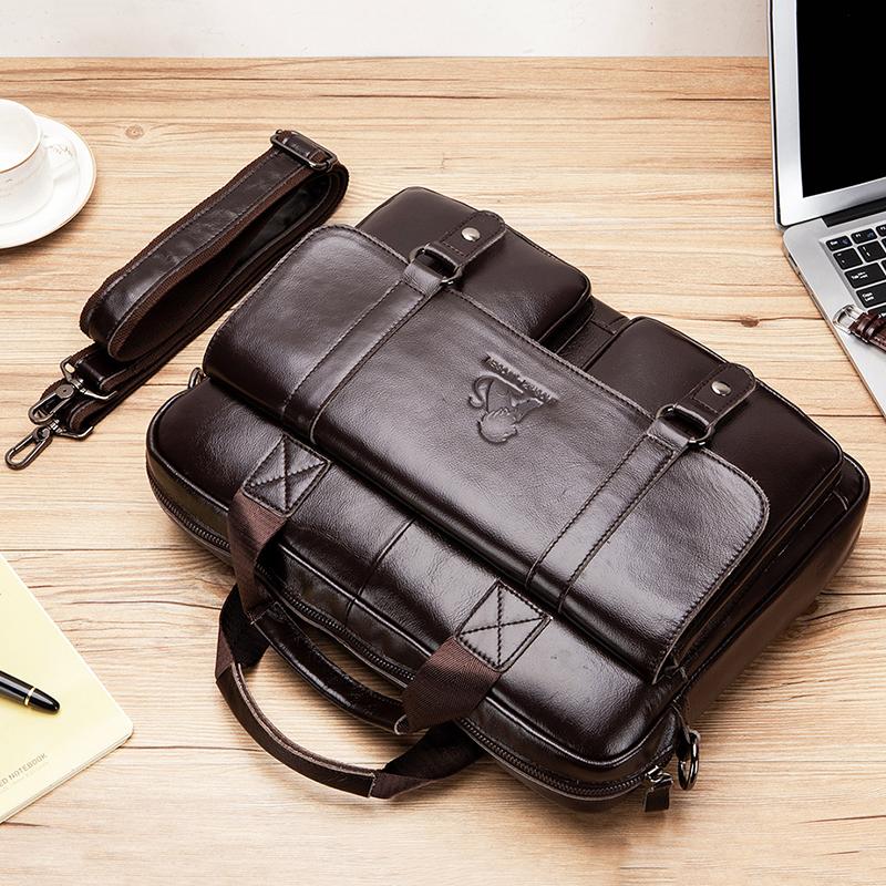 Мужской портфель из натуральной кожи с двойными передними карманами, большая вместительная сумка для ноутбука, диагональная деловая сумка через плечо