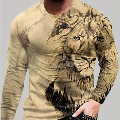 Мужская осенняя футболка с длинным рукавом и принтом льва, пуловер, удобная уличная повседневная рубашка, низ, верх, большие размеры