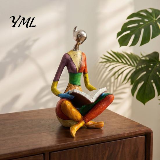 Creative Home Office Ornaments Abstract Reading Woman Statue, Metallic Head Colorful Lady Sculpture, Artistic Shelf Accents for Living Room