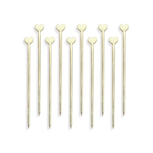 PartyLife Heart Gold Hors D'oeuvre Pins, Set of 10, 8cm, Stainless Steel, Pinchos, Cocktail Pins, Fruit Picks, Tanabata, Orihime, and Hikoboshi Design