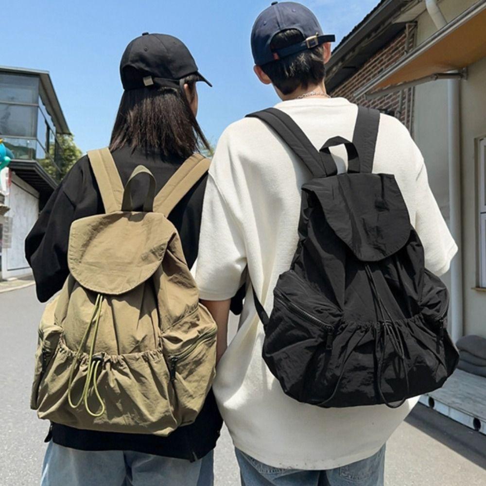Lightweight Canvas Shoulder Bag Casual College Student Schoolbag Nylon Drawstring Backpack Travel